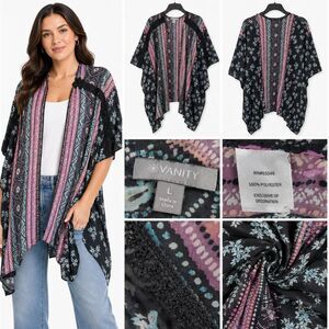 Vanity Women’s Boho Kimono Cardigan Size L Multicolor Print Open Front Sheer